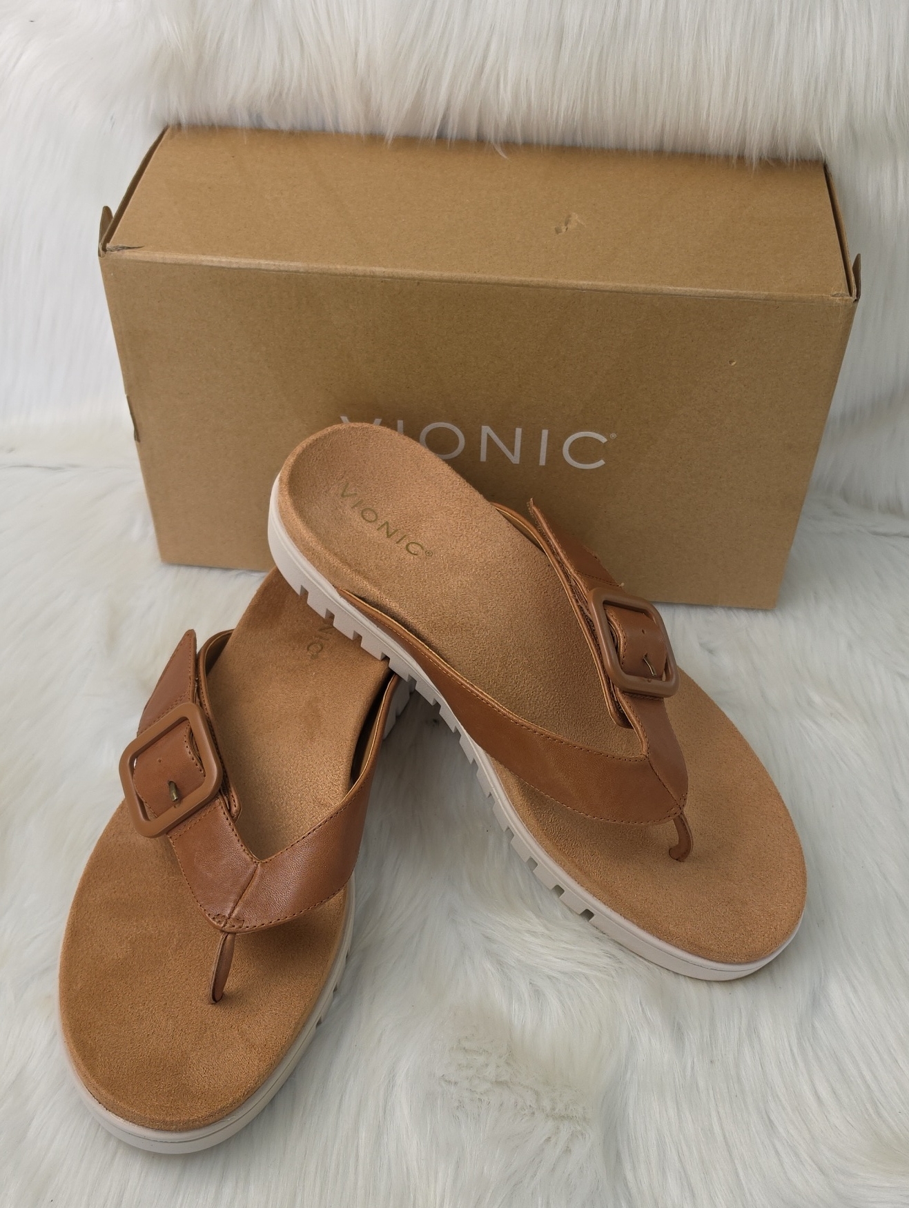 Vionic Women's Uptown Marin Tan Leather Adjustable Strap Thong Flip Flop Sandals
